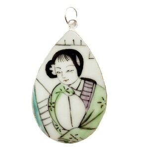 Vintage Geisha Porcelain Pottery Shard Pendant Asian Woman Green Silver Teardrop